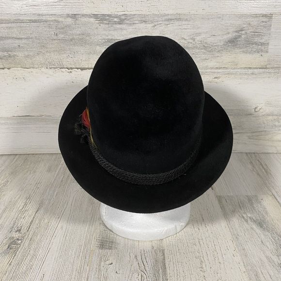 Vintage Dobbs 5th Ave Black Fedora Size 6 7/8 Black Band Red Feather Classic EUC - Picture 3 of 8